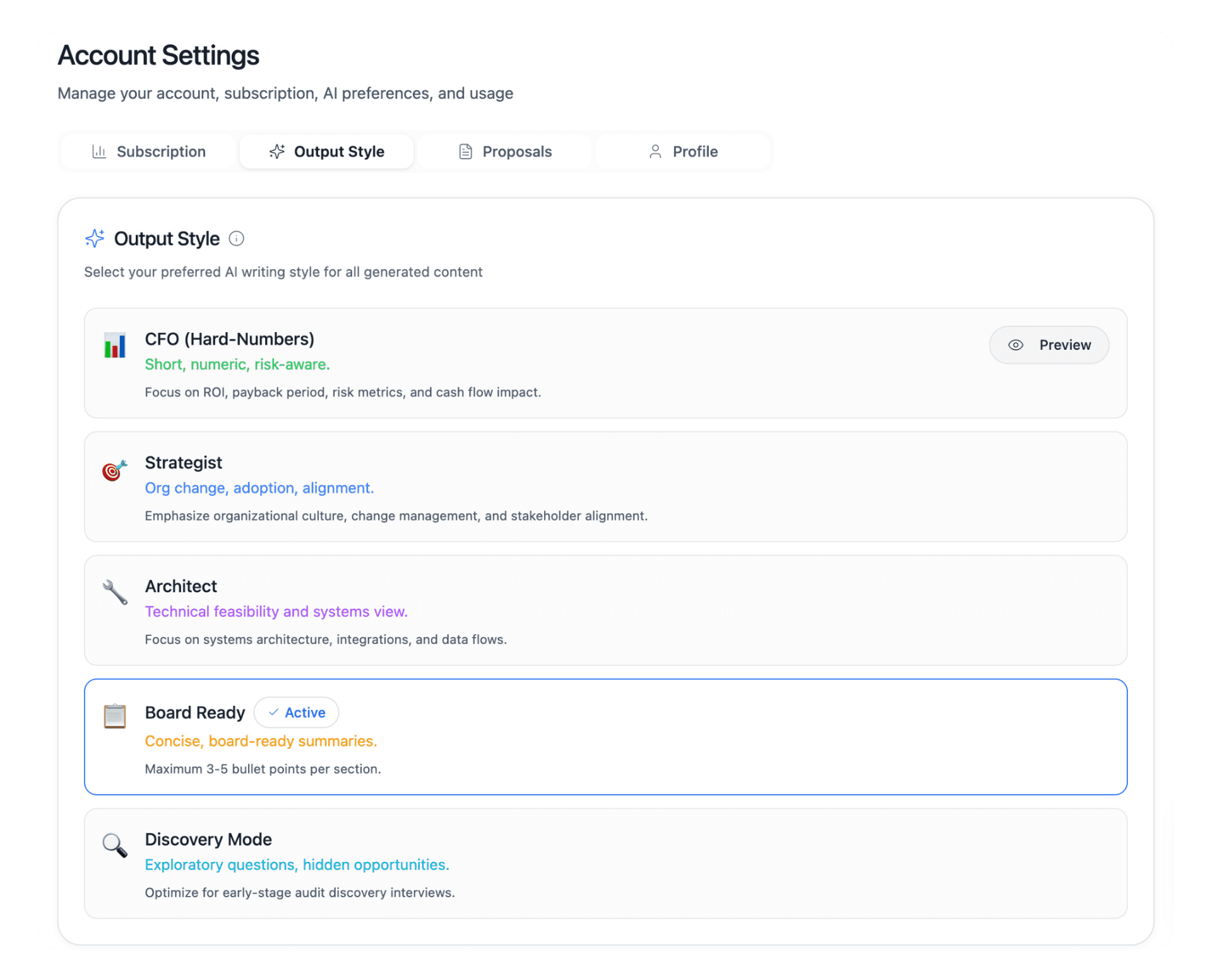 AI Output Style selector showing CFO, Strategist, Architect, Board Ready, and Discovery Mode personas