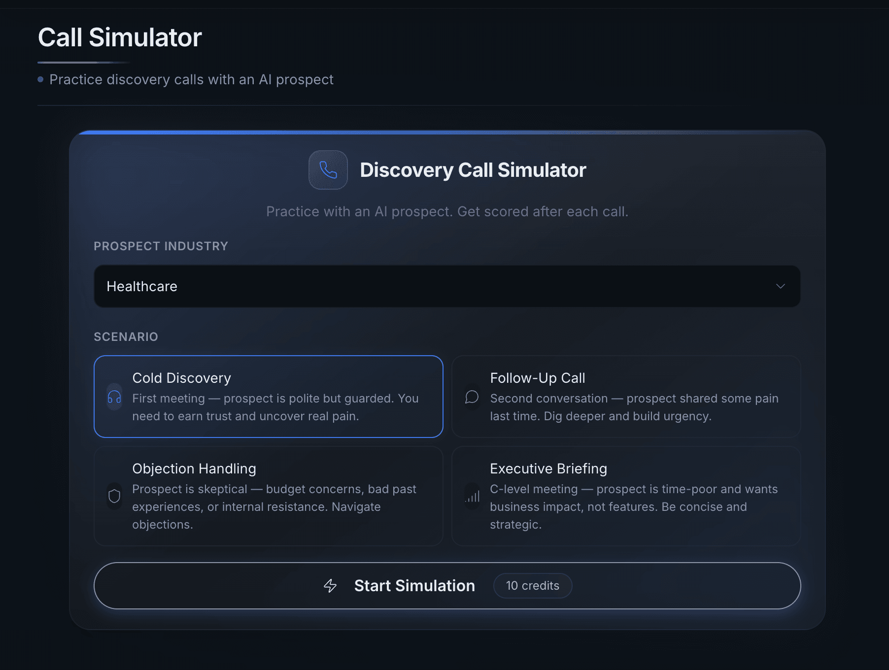 Discovery Call Simulator interface showing industry selection, scenario options, and start simulation button