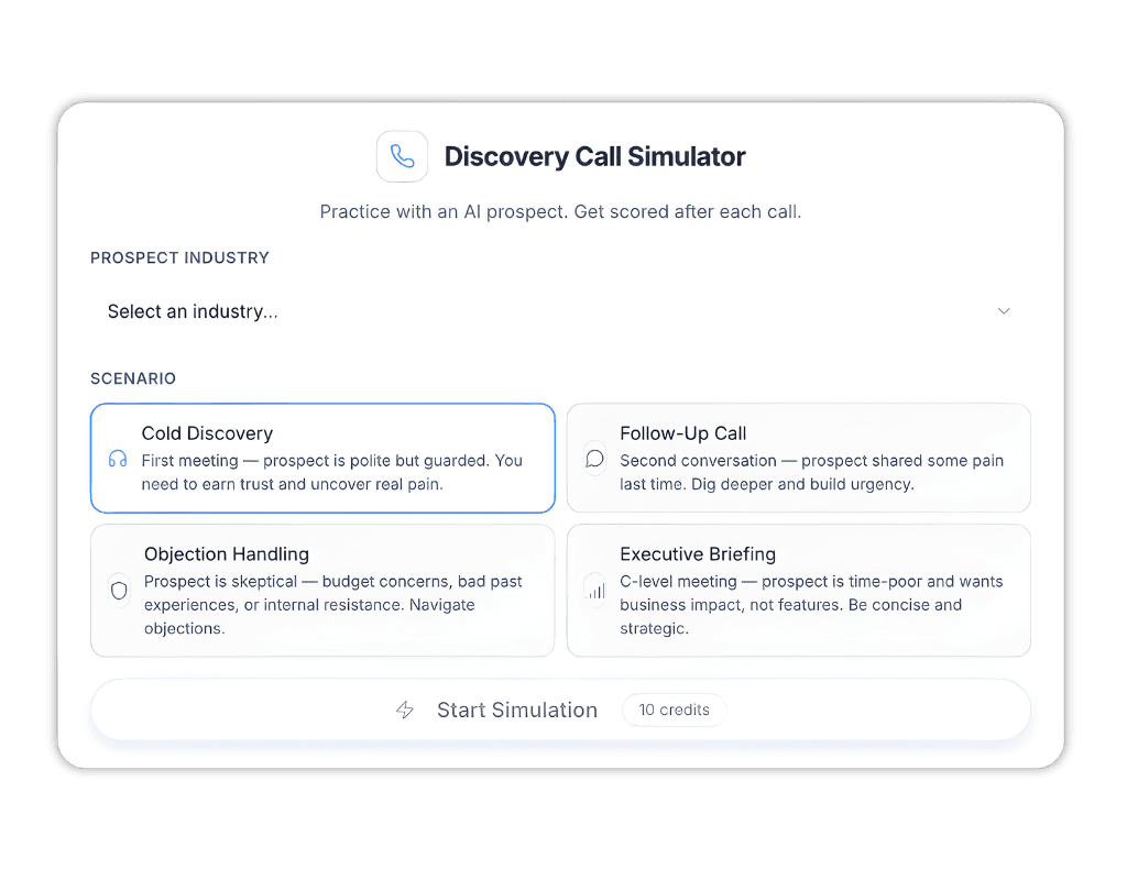 Discovery Call Simulator interface showing industry selection, scenario options, and start simulation button