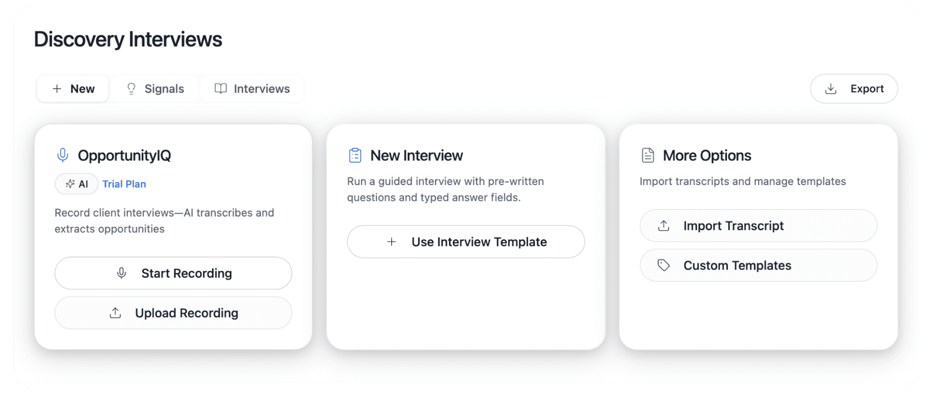 OpportunityIQ interview recording interface showing audio setup options, record and upload buttons, and how it works section