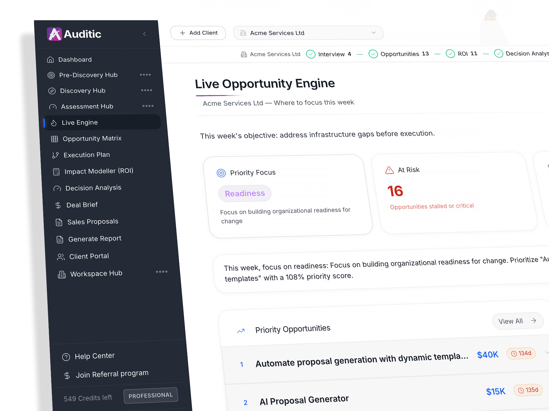 Auditic platform screenshots showing ROI Analysis, Strategy Recommendations, and Interview Recording