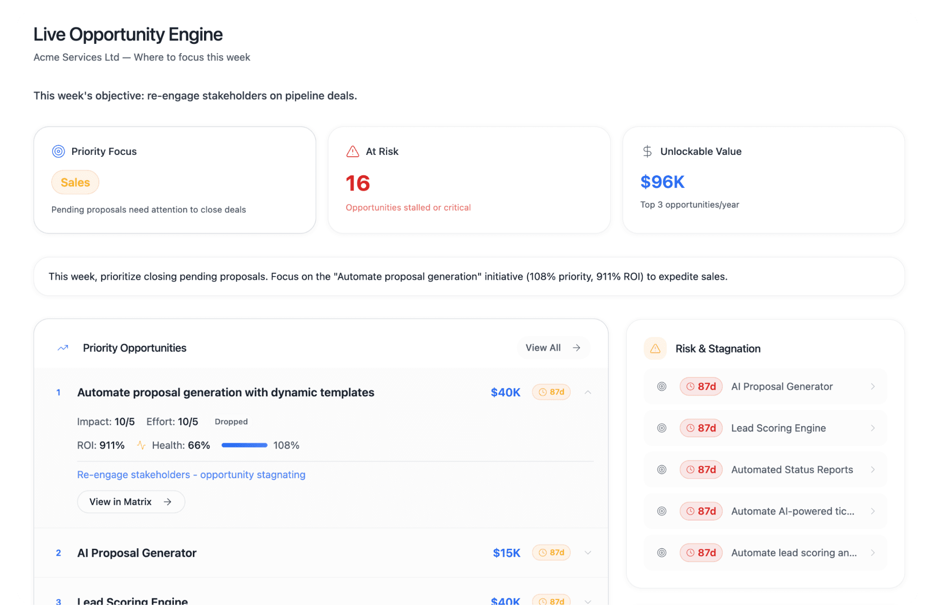 Live Opportunity Engine dashboard showing priority focus, unlockable value, at-risk opportunities, and AI weekly briefing