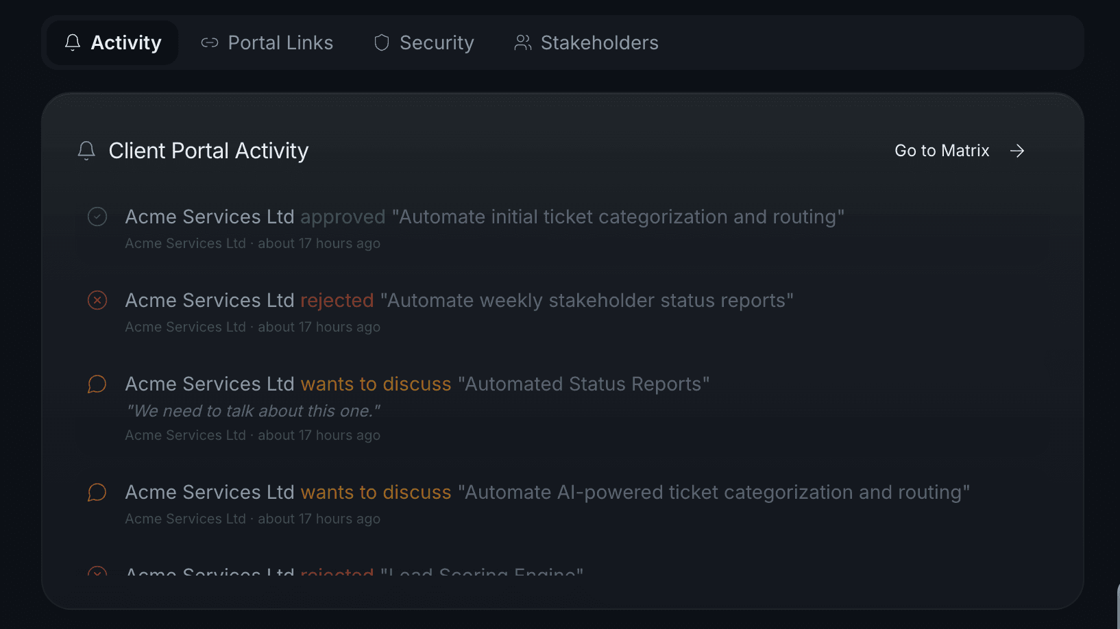 Client portal activity feed