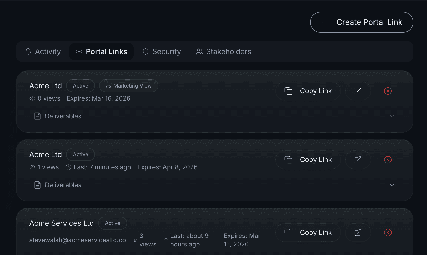 Portal links management with active tokens and stakeholder view badges