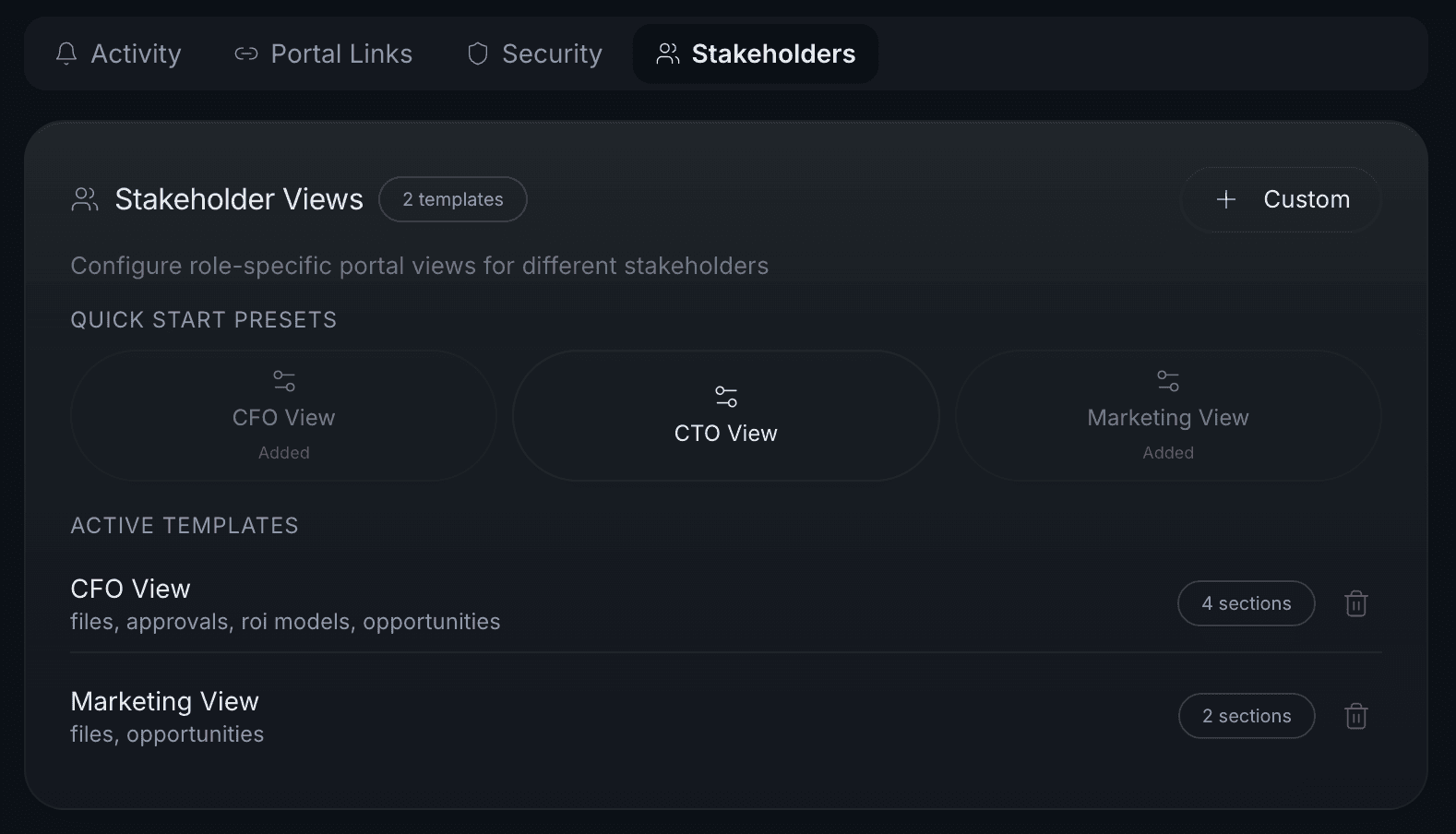 Stakeholder view manager with CFO, CTO and Marketing presets