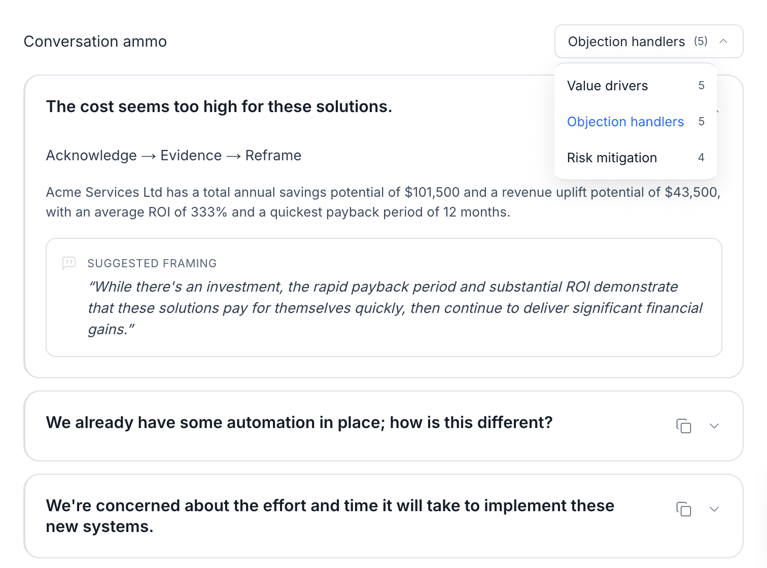 Sales Insights conversation ammo interface