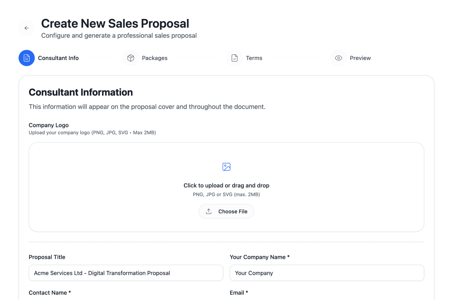 Sales Proposals dashboard showing proposal management with client details, status tracking, and activity history